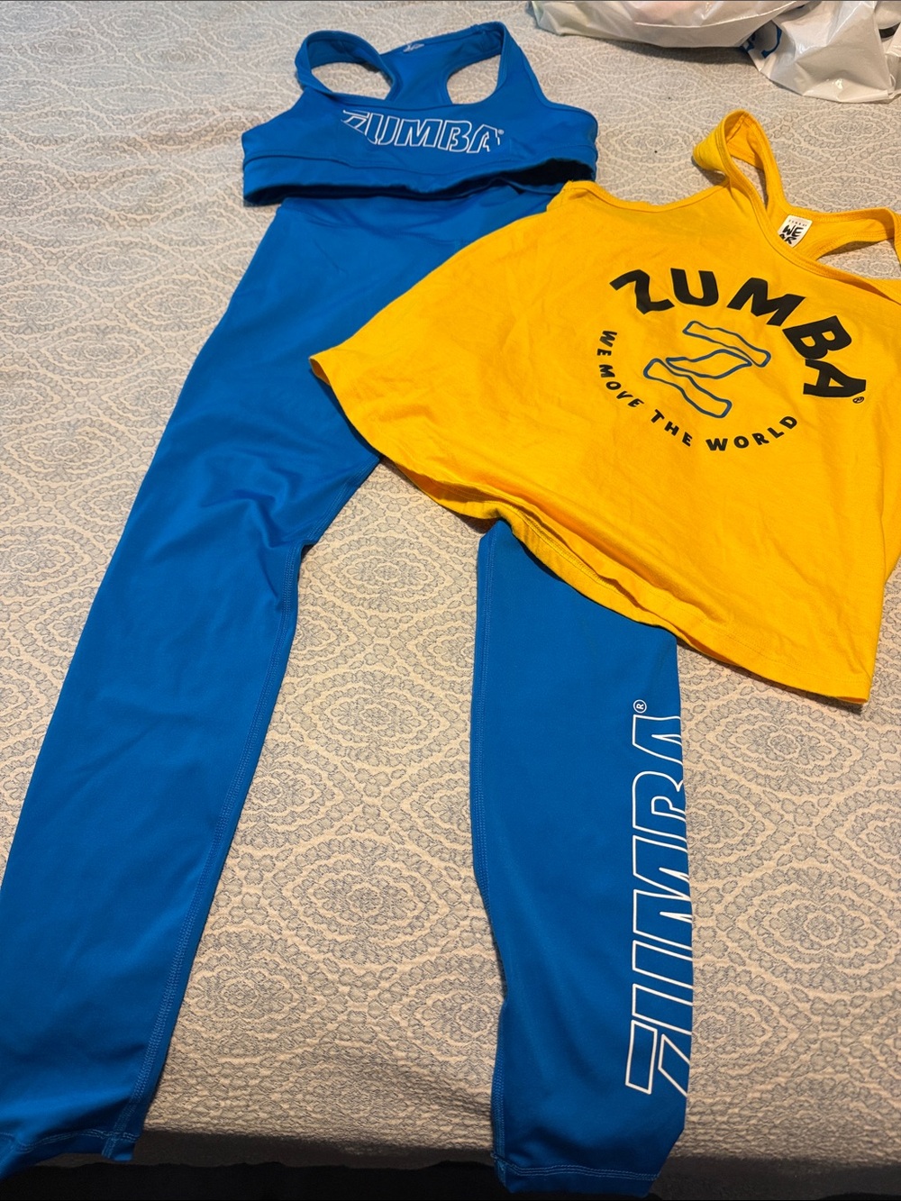 Zumba Fitness Blue Leggings & Sports Bra with Yellow Zumba Tank